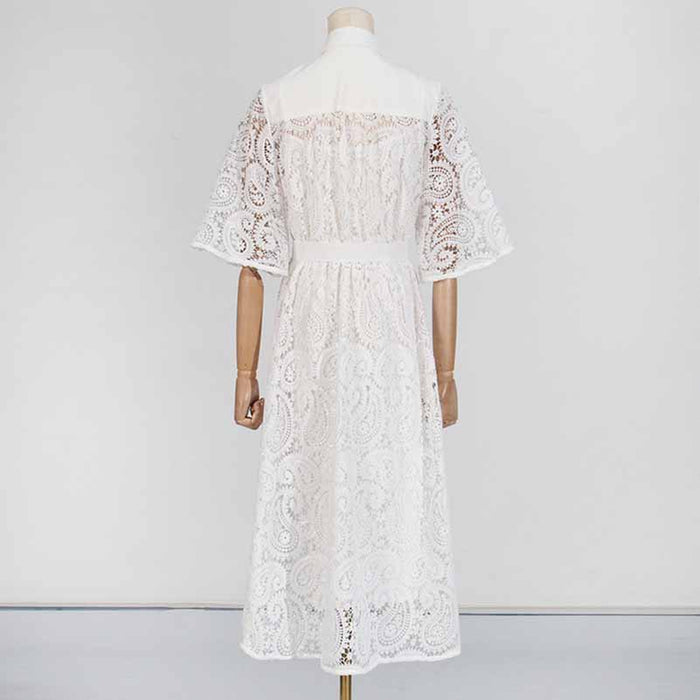 Short Sleeve Hollow Out Lace Midi Dress With Belt