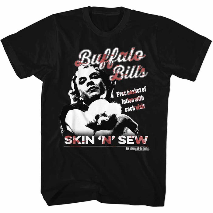 black silence of the lambs movie shirt with buffalo bill (ted levine) graphic with text that reads "buffalo bill's free basket of lotion with each visit. skin 'n' sew"