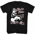 black silence of the lambs movie shirt with buffalo bill (ted levine) graphic with text that reads "buffalo bill's free basket of lotion with each visit. skin 'n' sew"