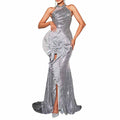 Silver Sequin Prom Dress Flower Embellished Halter High Split Event Dress
