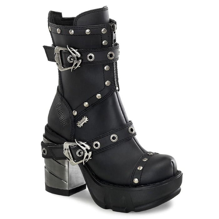 outer side view of black Vegan leather 3.5" chromed heel 1.5" molded platform Multi strap studded ankle boot With full inner side zipper