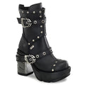 outer side view of black Vegan leather 3.5" chromed heel 1.5" molded platform Multi strap studded ankle boot With full inner side zipper