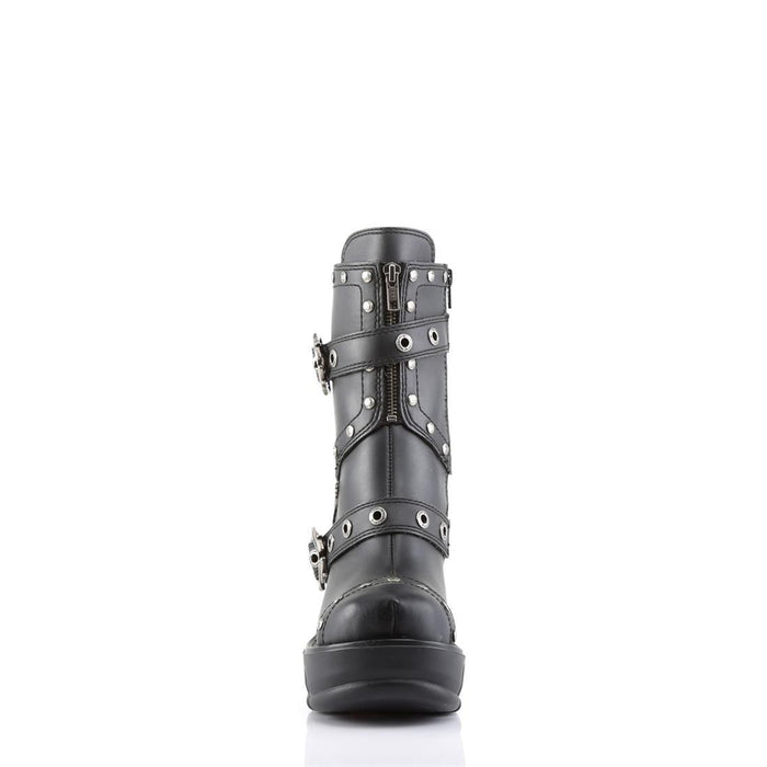front view of black Vegan leather 3.5" chromed heel 1.5" molded platform Multi strap studded ankle boot With full inner side zipper