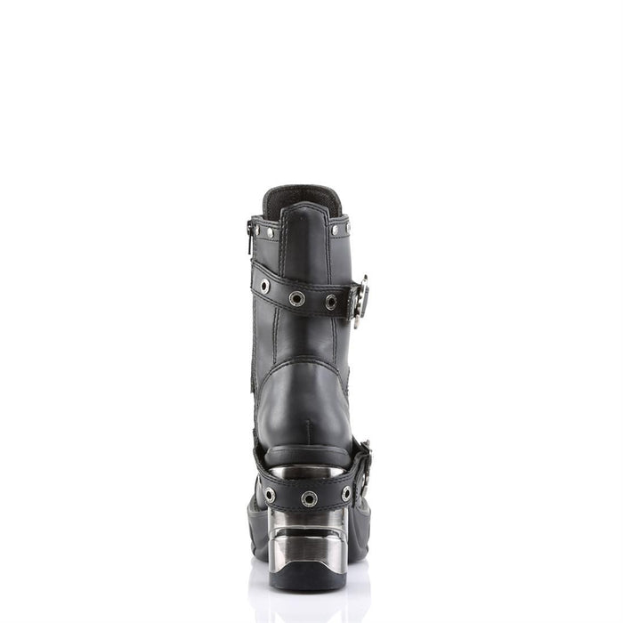 back view of black Vegan leather 3.5" chromed heel 1.5" molded platform Multi strap studded ankle boot With full inner side zipper