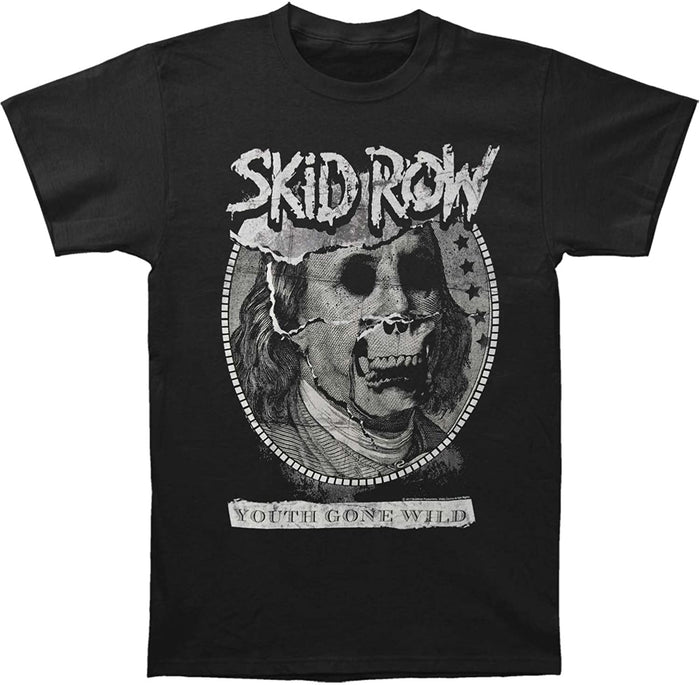 black band shirt with skid row logo and benjamin franklin skull graphic with text that reads "youth gone wild"