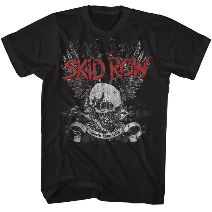 black band shirt with skid row logo and skull wings graphic with text that reads "youth gone wild"
