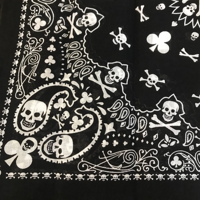 Black bandana with skull and crossbones paisley clover print.