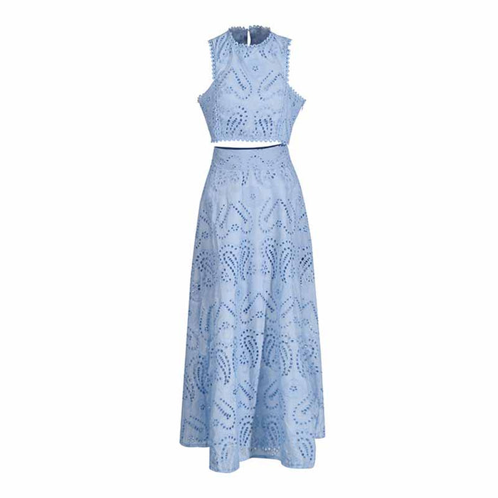 Sleeveless Embroidered Two Piece Long Skirt Suit