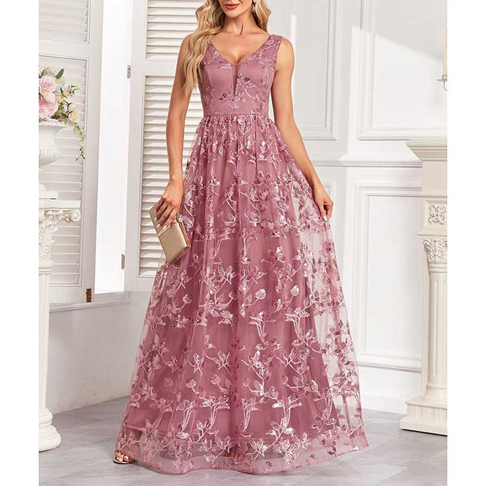 Sleeveless Sequin V-Neck Long Prom Dress Event Dress Wedding Ball Gown Dress