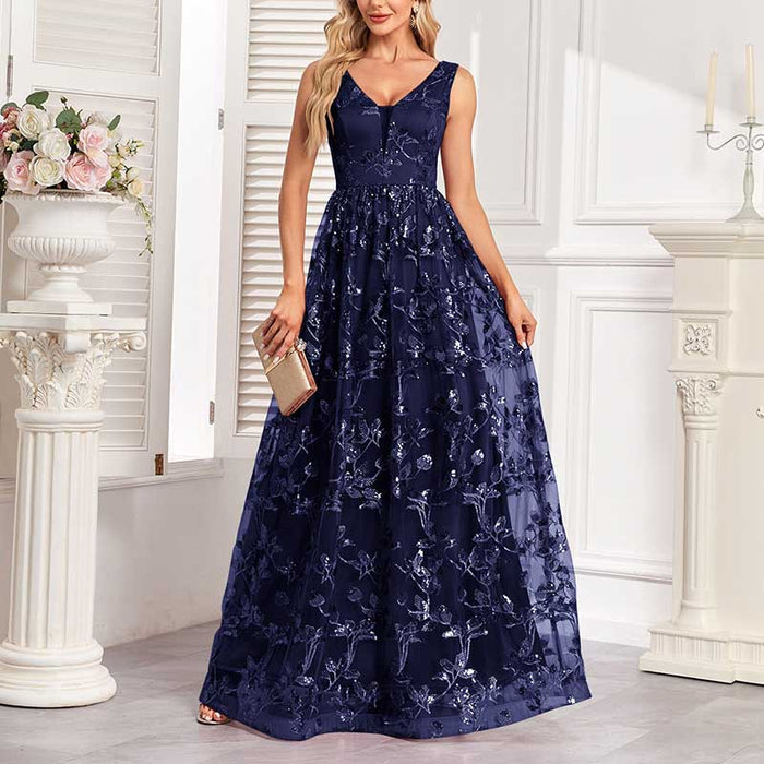 Sleeveless Sequin V-Neck Long Prom Dress Event Dress Wedding Ball Gown Dress