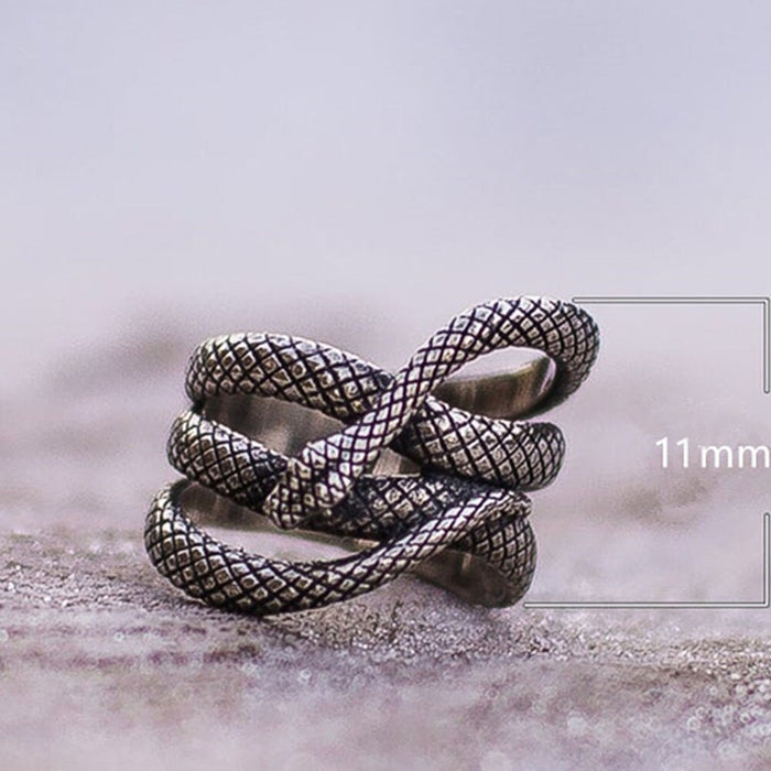 Silver colored zinc alloy snake wrap around ring.