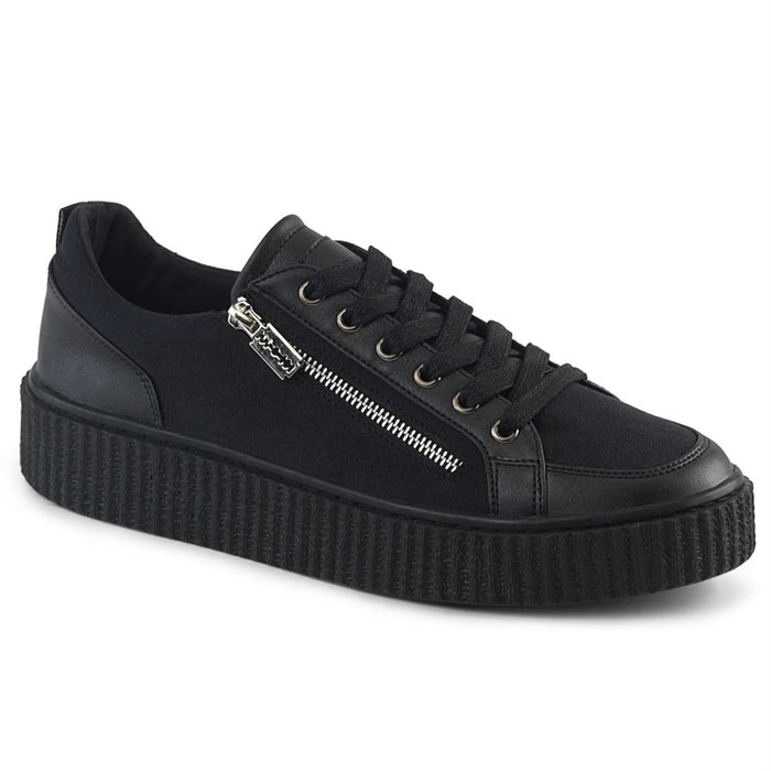 outer side view of black 1.5" platform rubber sole Low top round toe lace-up front creeper sneaker Features ornamental silver metal zippers on sides w/ razor blade zipper heads