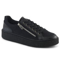 outer side view of black 1.5" platform rubber sole Low top round toe lace-up front creeper sneaker Features ornamental silver metal zippers on sides w/ razor blade zipper heads
