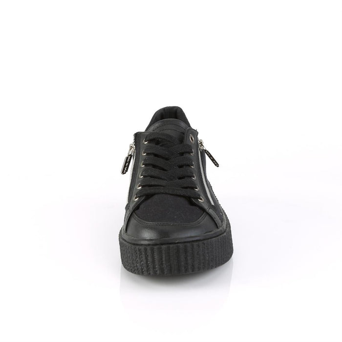 front view of 1.5" platform rubber sole Low top round toe lace-up front creeper sneaker Features ornamental silver metal zippers on sides w/ razor blade zipper heads