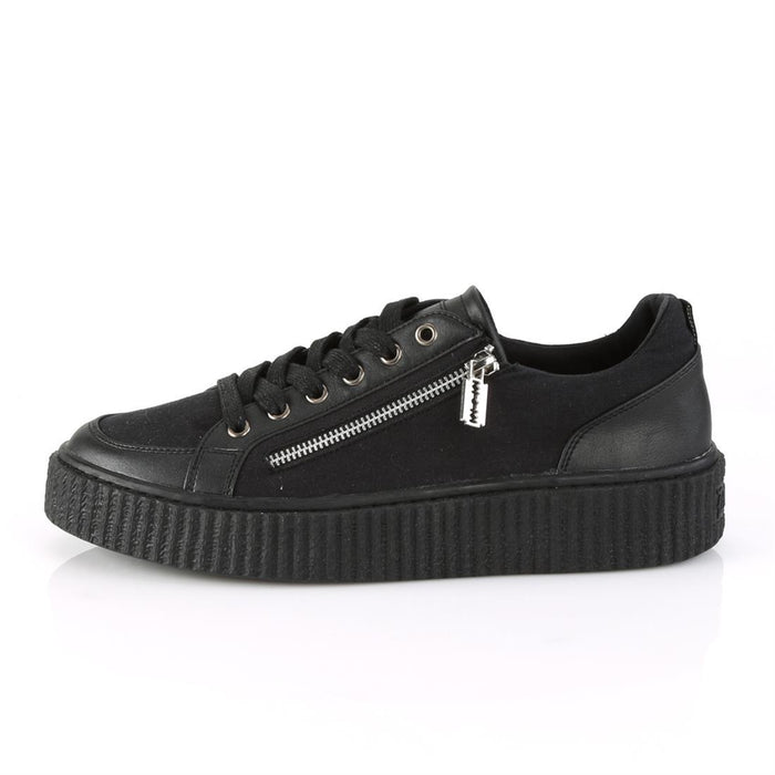 outer side view of 1.5" platform rubber sole Low top round toe lace-up front creeper sneaker Features ornamental silver metal zippers on sides w/ razor blade zipper heads