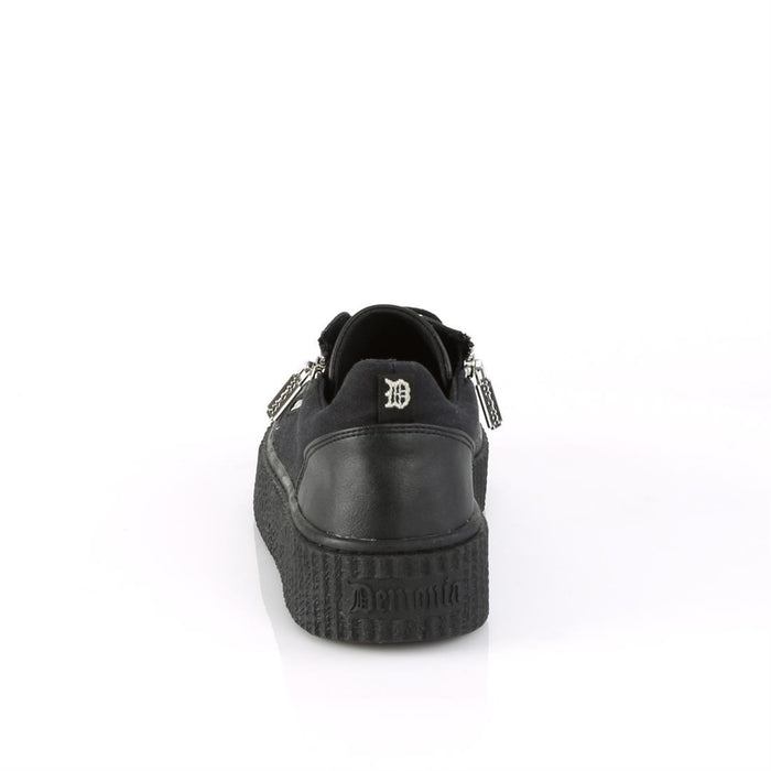 back view of 1.5" platform rubber sole Low top round toe lace-up front creeper sneaker Features ornamental silver metal zippers on sides w/ razor blade zipper heads