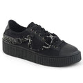 outer side view of black 1.5" platform rubber sole Low top round toe lace-up front creeper sneaker Features 3 interchangeable metal chains on the heel