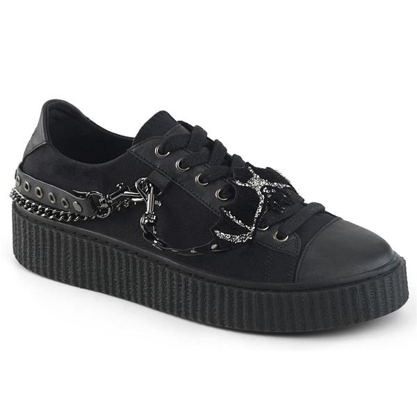 outer side view of black 1.5" platform rubber sole Low top round toe lace-up front creeper sneaker Features 3 interchangeable metal chains on the heel