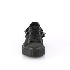 front view of black 1.5" platform rubber sole Low top round toe lace-up front creeper sneaker Features 3 interchangeable metal chains on the heel