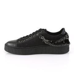 inner side view of black 1.5" platform rubber sole Low top round toe lace-up front creeper sneaker Features 3 interchangeable metal chains on the heel