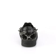 back view of black 1.5" platform rubber sole Low top round toe lace-up front creeper sneaker Features 3 interchangeable metal chains on the heel