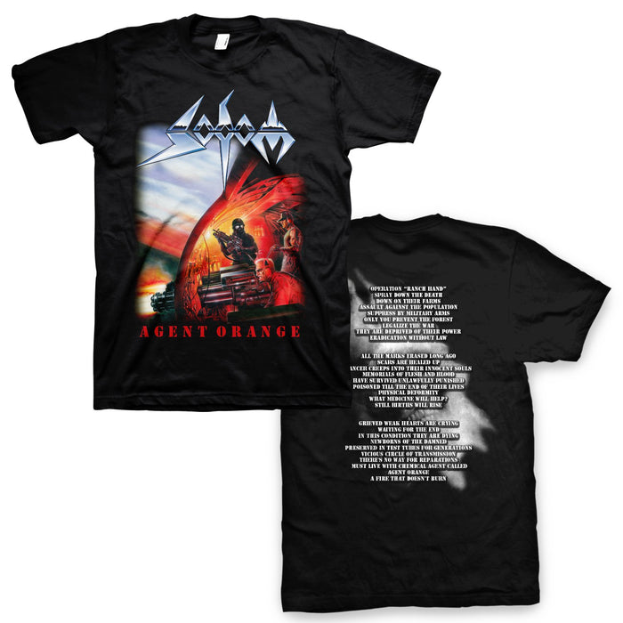 Black unisex Sodom shirt with logo on top, Agent Orange album cover art in center, and text on bottom that reads "AGENT ORANGE". Back print has agent orange song lyrics printed in the center.