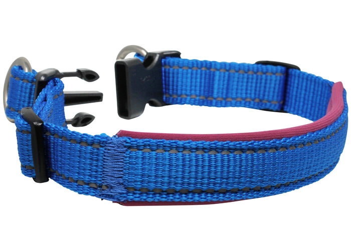 Soft Neoprene Padded Adjustable Reflective 1" Wide 2 Rings Design Dog Collar Blue 3 Sizes
