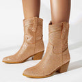 Sparkly Cowgirl Ankle Boots Rhinestone Cowboy Boots Glitter Mid Calf Block Heel Boots