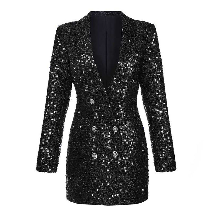 Sparkly party blazer for women featuring a double-breasted design and shimmering sequins in black