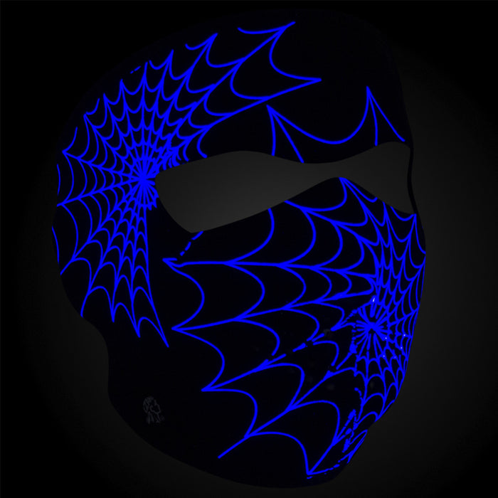 Full face riding mask with glow in the dark spider web design on front side. Can be reversed to an all black side.