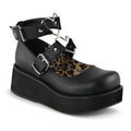 outer side view of black Vegan leather 2 1/4" platform Features wrap around ankle strap with heart o-ring detail on front