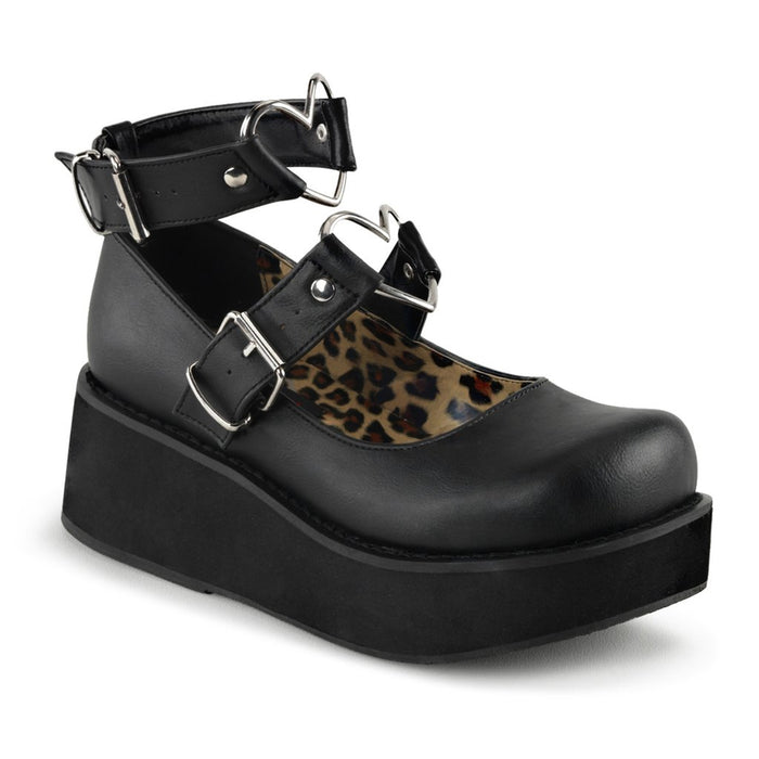 outer side view of black Vegan leather 2 1/4" platform Features wrap around ankle strap with heart o-ring detail on front