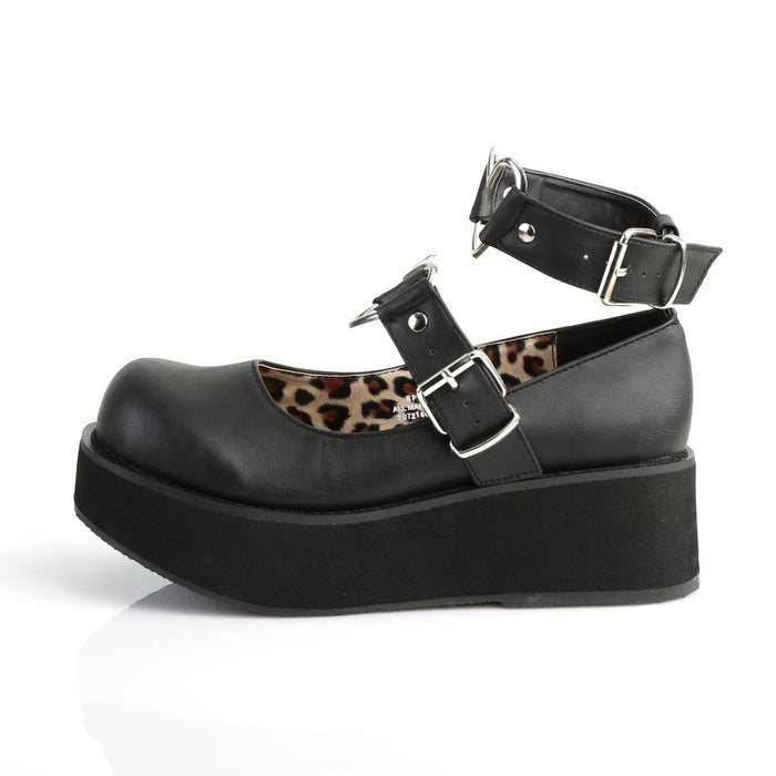 outer side view of black Vegan leather 2 1/4" platform Features wrap around ankle strap with heart o-ring detail on front