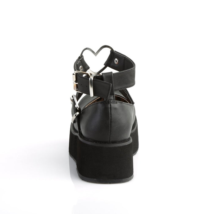 back side view of black Vegan leather 2 1/4" platform Features wrap around ankle strap with heart o-ring detail on front