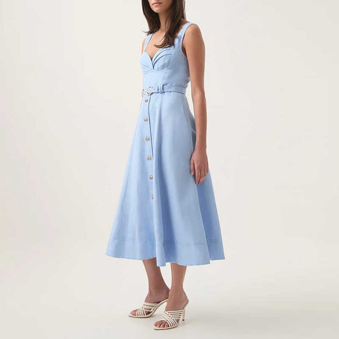 Square-Neck Belted Midi Dress