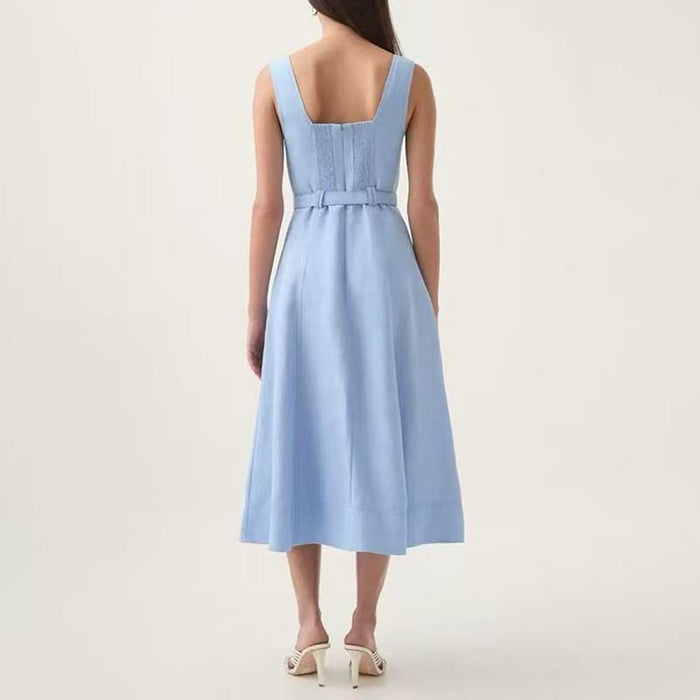 Square-Neck Belted Midi Dress