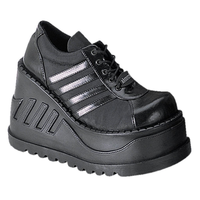 outer side view of black vegan leather 4 3/4" platform wedge Lace-up front