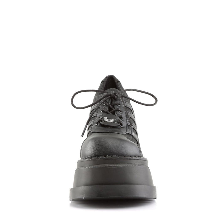 front view of black vegan leather 4 3/4" platform wedge Lace-up front