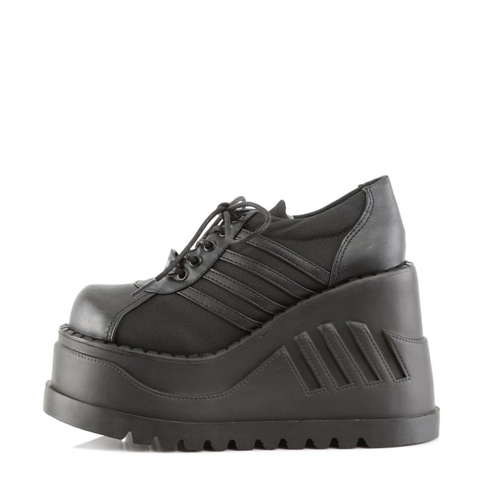 inner side view of black vegan leather 4 3/4" platform wedge Lace-up front