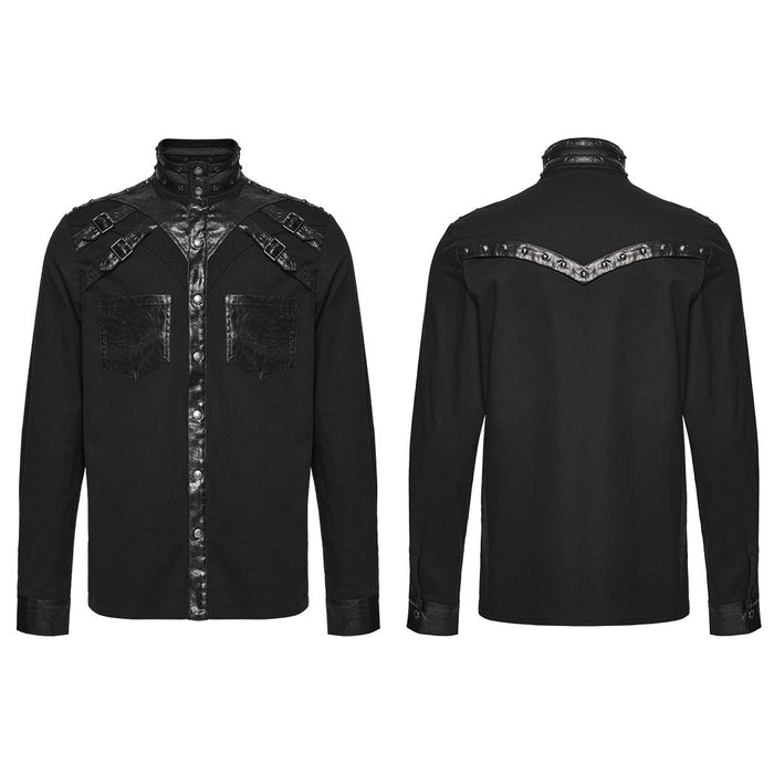 front and back of black shirt with decorative elements on a white background