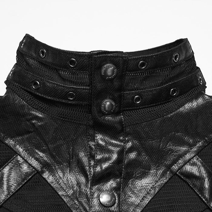 Close-up of a black shirt with button details on a white background