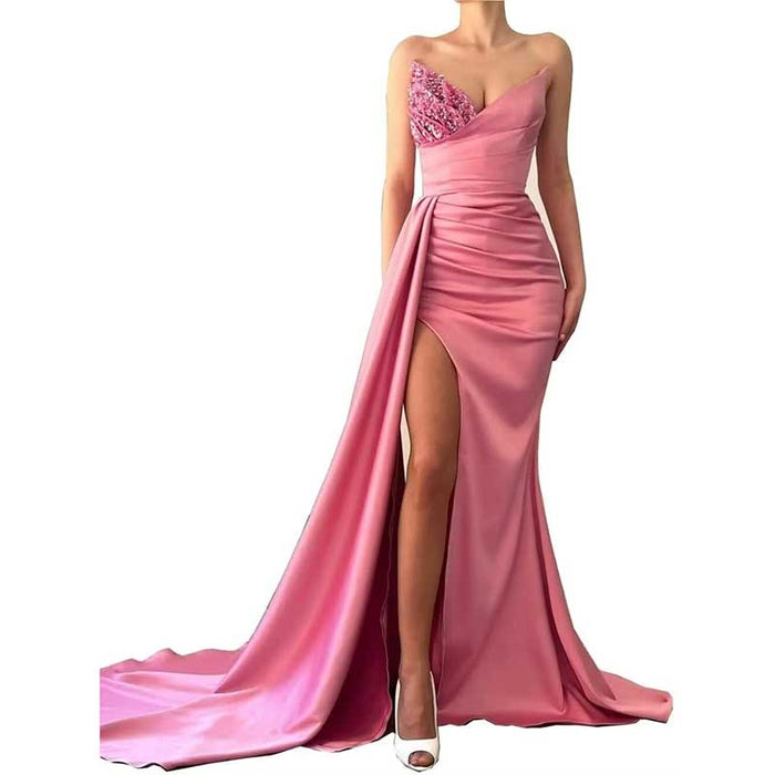 Strapless Mermaid  Bridesmaid Dresses Long Satin Sequin Prom Gowns with Slit