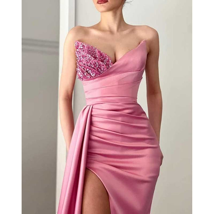 Strapless Mermaid  Bridesmaid Dresses Long Satin Sequin Prom Gowns with Slit