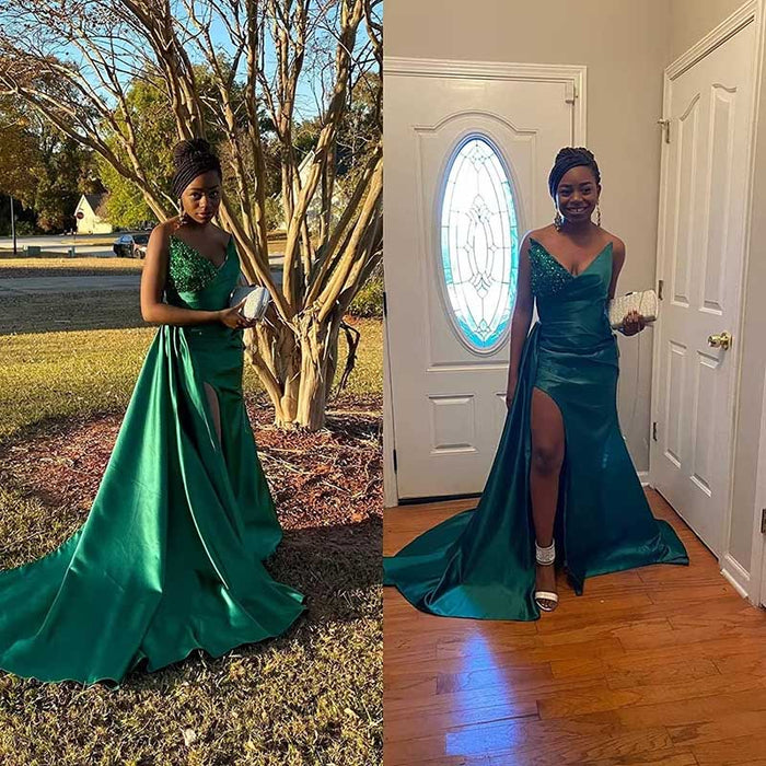Strapless Mermaid  Bridesmaid Dresses Long Satin Sequin Prom Gowns with Slit