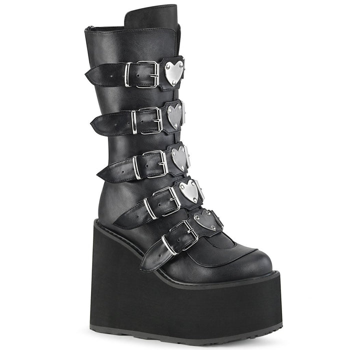 black vegan leather 5 1/2" wedge platform boot with five adjustable straps and five heart shaped metal plates on the front center
