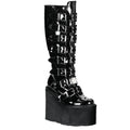 outer side view of black vinyl 5 1/2" wedge platform Goth punk gogo knee high boot Adjustable straps from top to bottom of boot, with metal plates up the front with full back zipper