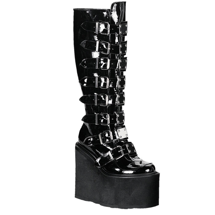 outer side view of black vinyl 5 1/2" wedge platform Goth punk gogo knee high boot Adjustable straps from top to bottom of boot, with metal plates up the front with full back zipper