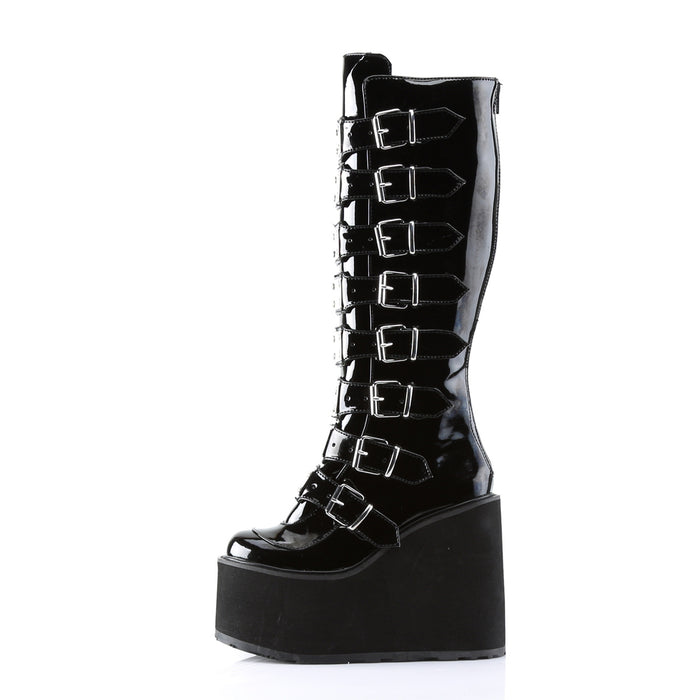 inner side view of black vinyl 5 1/2" wedge platform Goth punk gogo knee high boot Adjustable straps from top to bottom of boot, with metal plates up the front with full back zipper