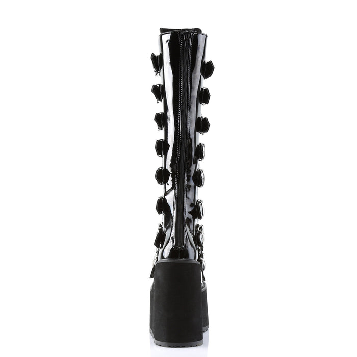 back side view of black vinyl 5 1/2" wedge platform Goth punk gogo knee high boot Adjustable straps from top to bottom of boot, with metal plates up the front with full back zipper