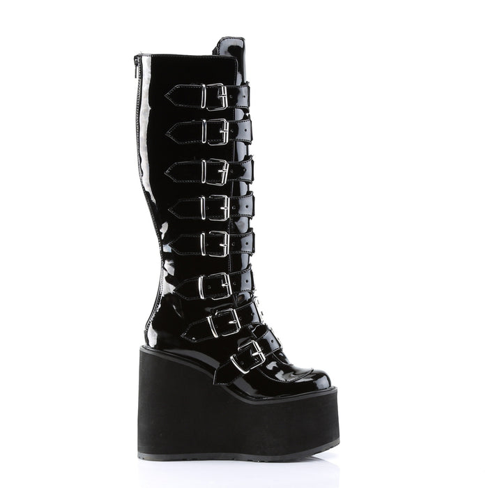 outer side view of black vinyl 5 1/2" wedge platform Goth punk gogo knee high boot Adjustable straps from top to bottom of boot, with metal plates up the front with full back zipper